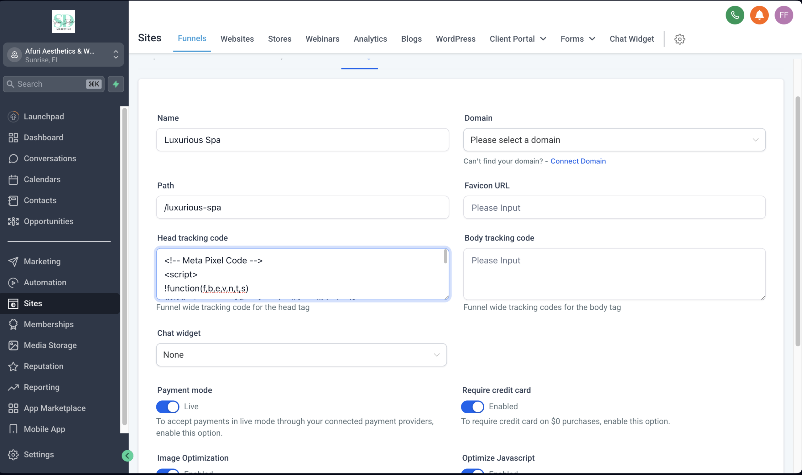 Funnel tracking and payment settings
