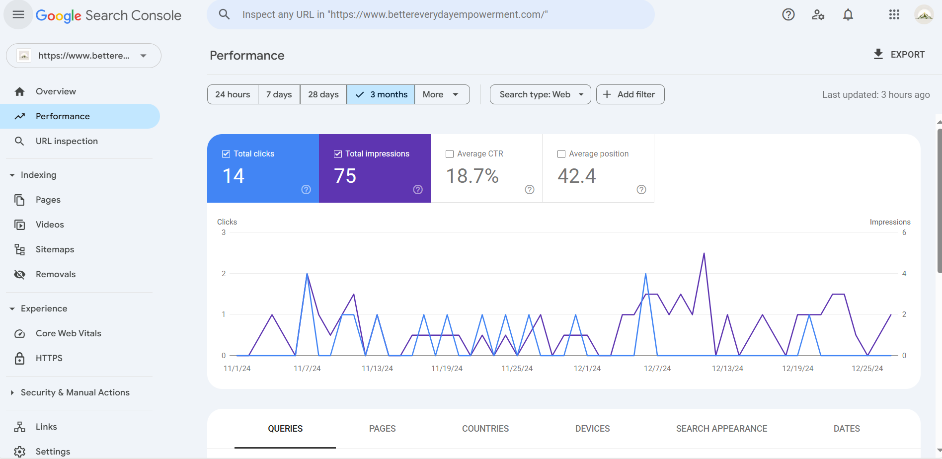Redacted Google Search Console performance report