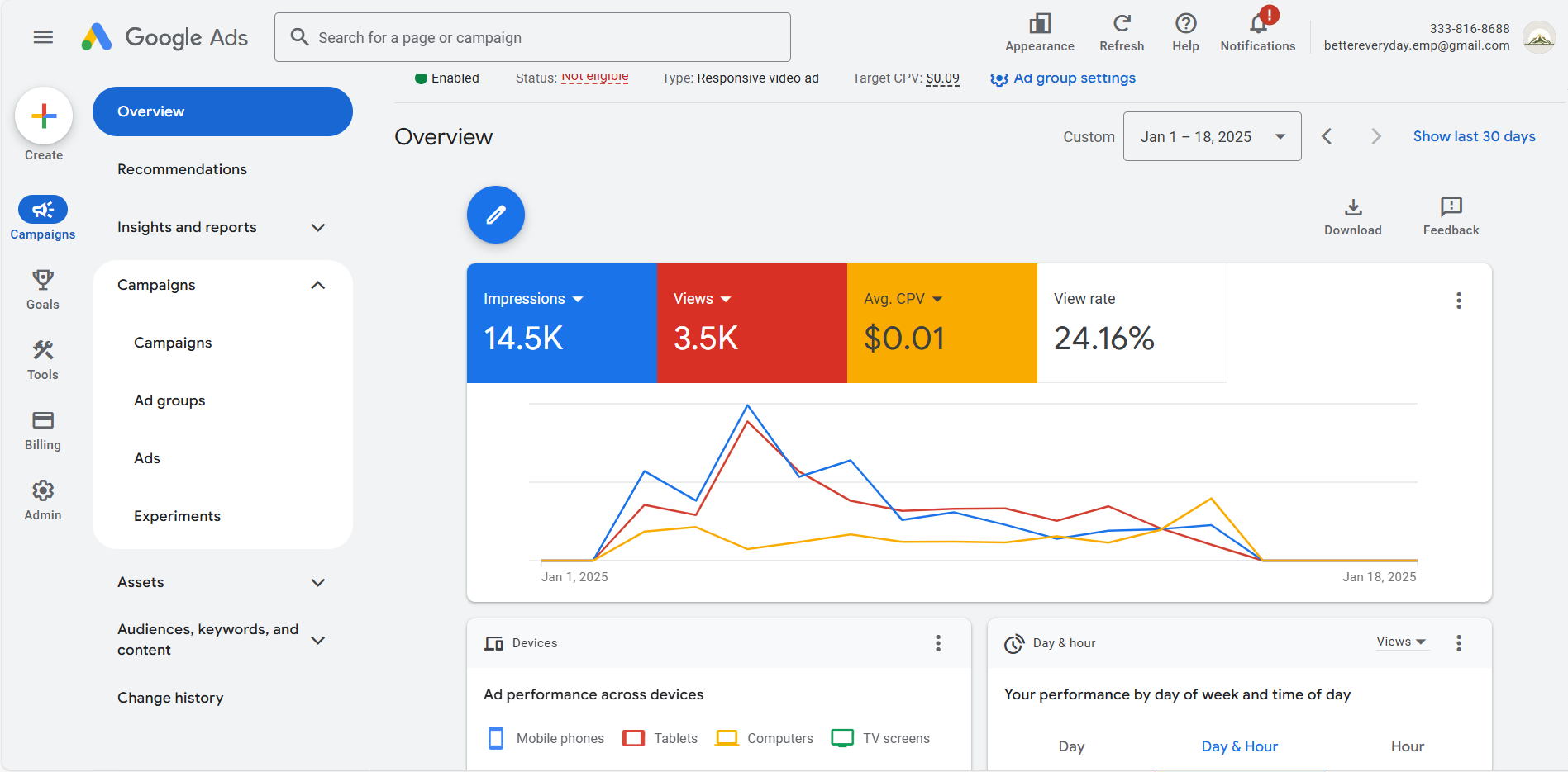 Redacted Google Ads video campaign dashboard