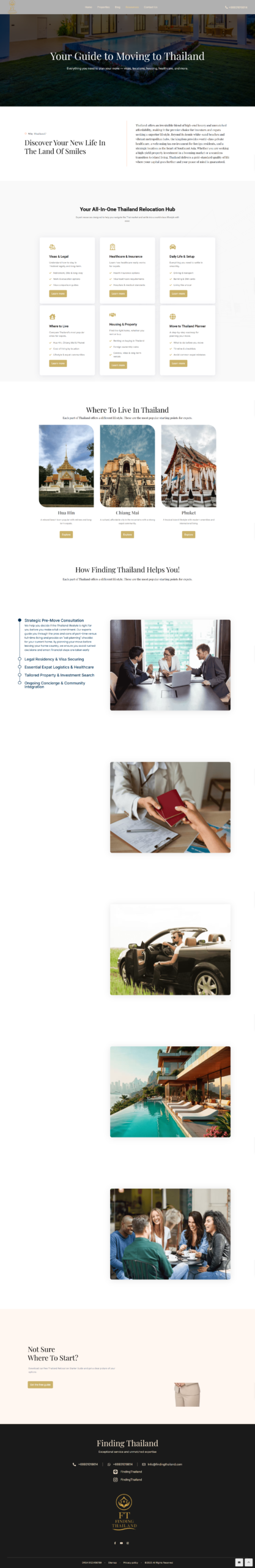 Move to Thailand guide page showing relocation services, destination cards, consultation process, and support CTA