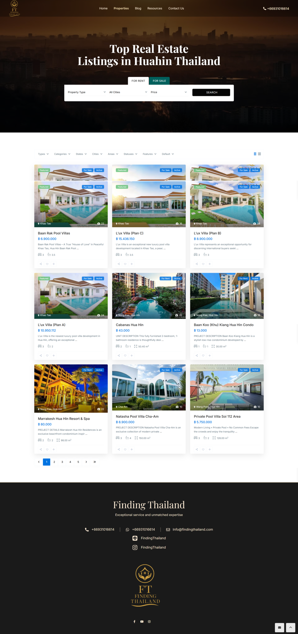 Finding Thailand property search page with listing filters, property cards, prices, locations, and footer contact details